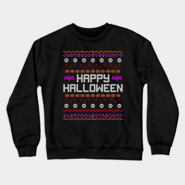 Ugly Happy Halloween Pumpkin Face Skull Witch Bat Spooky Crewneck Sweatshirt by Merchweaver